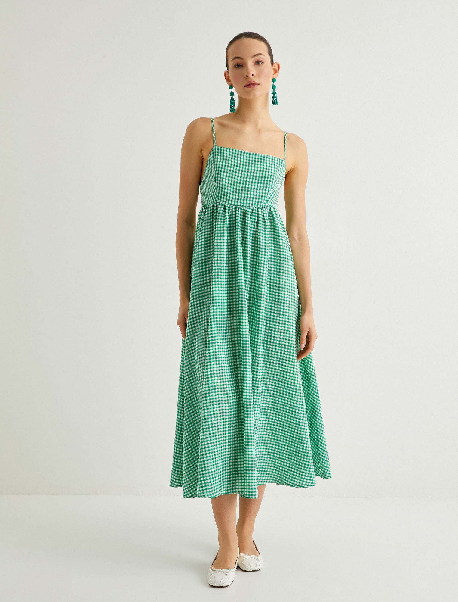   Koton X Sibil Çetinkaya - Pötikareli Askılı Midi Elbise Sırt Dekolteli Bağlama Detaylı Astarlı