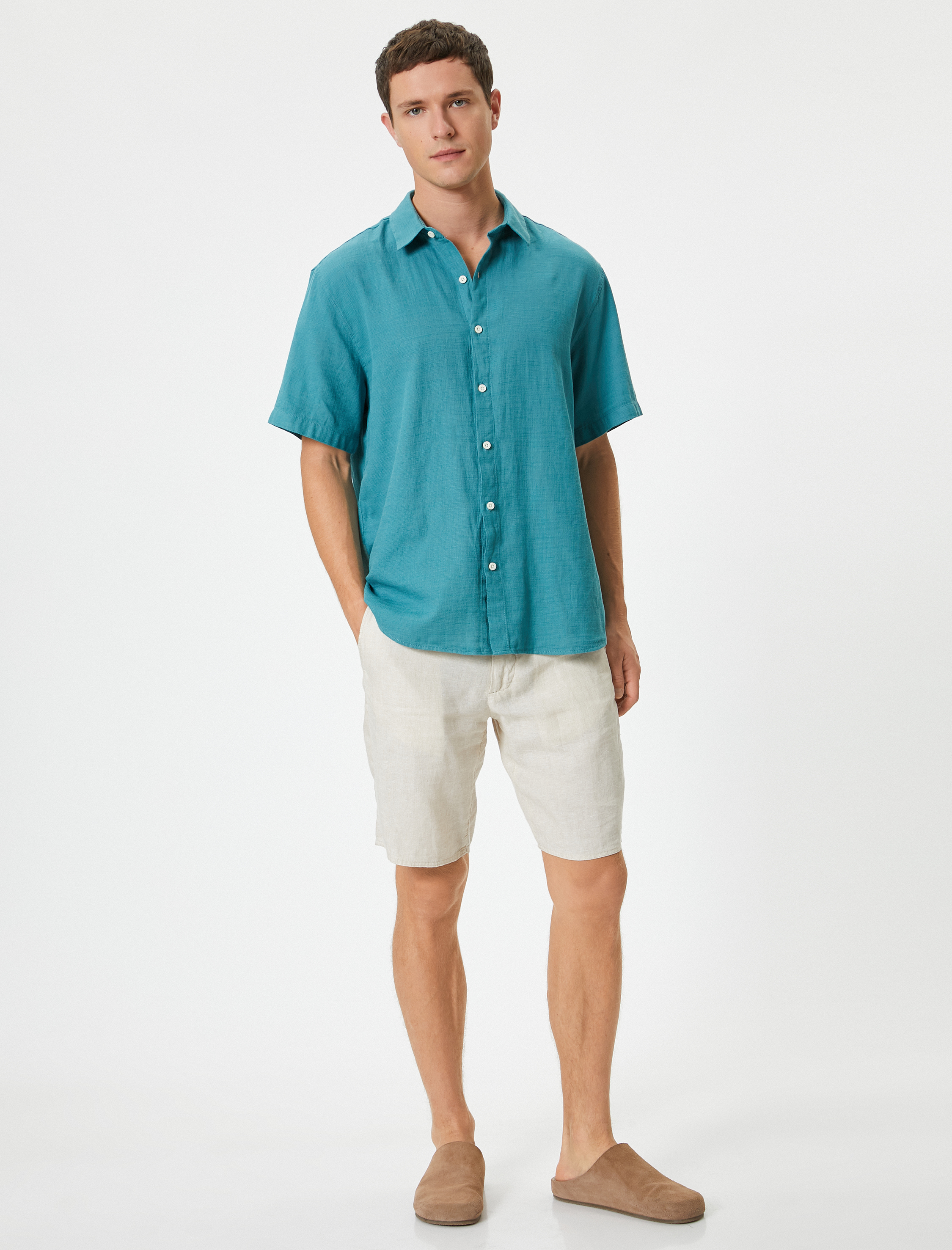   Yazlık Gömlek Kısa Kollu Klasik Yaka Düğmeli Pamuklu Regular Fit