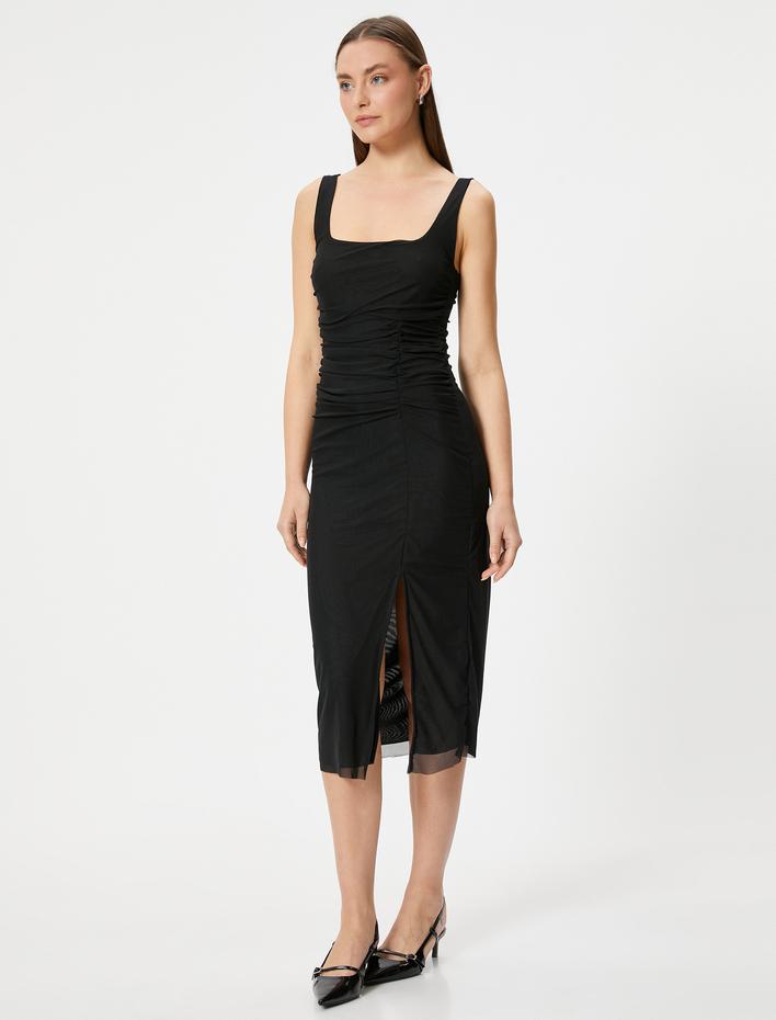  Tül Kalem Elbise Midi Boy Kalın Askılı Drapeli Yırtmaç Detaylı