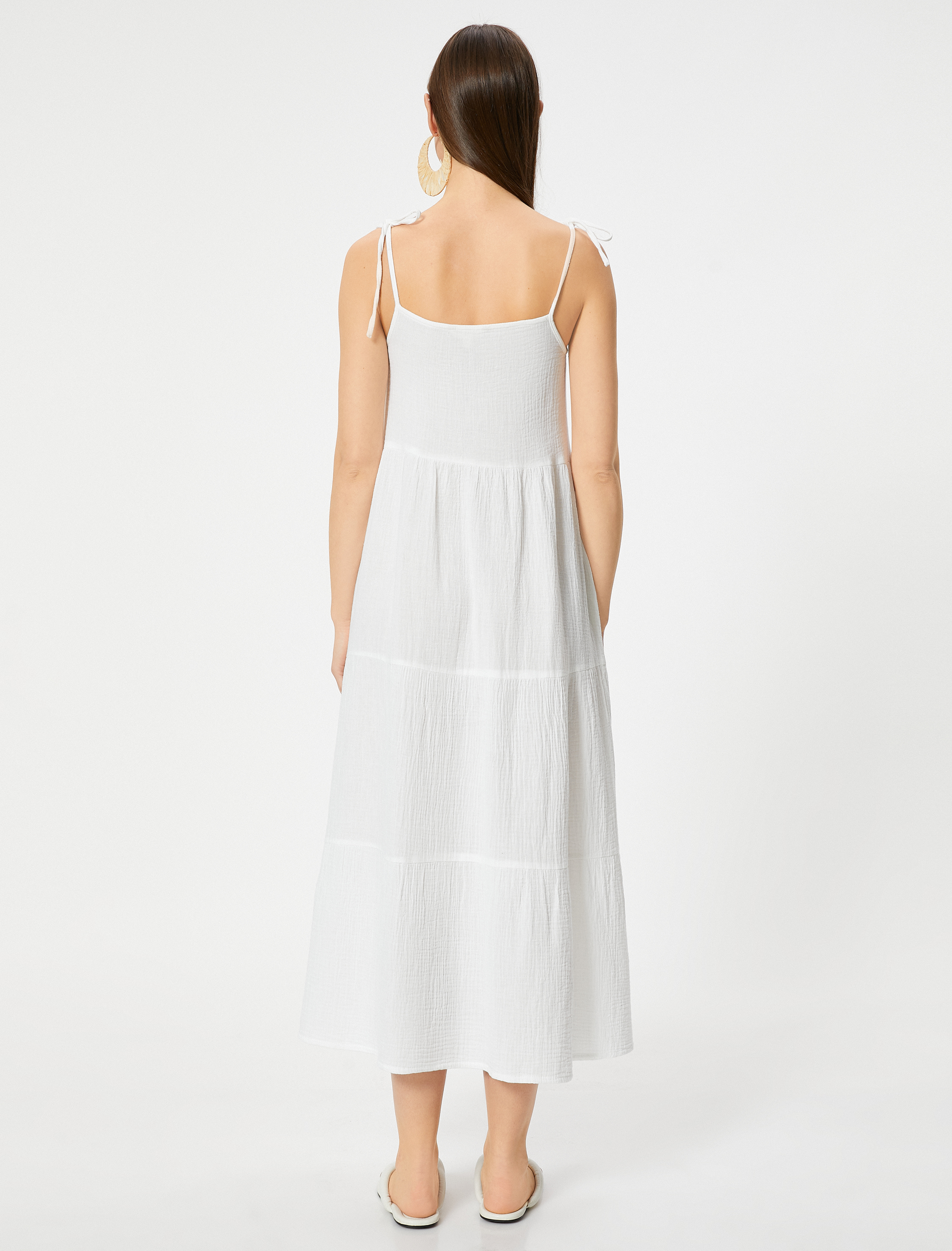 Uzun Plaj Elbisesi İp Askılı Bağlama Detaylı Pamuklu