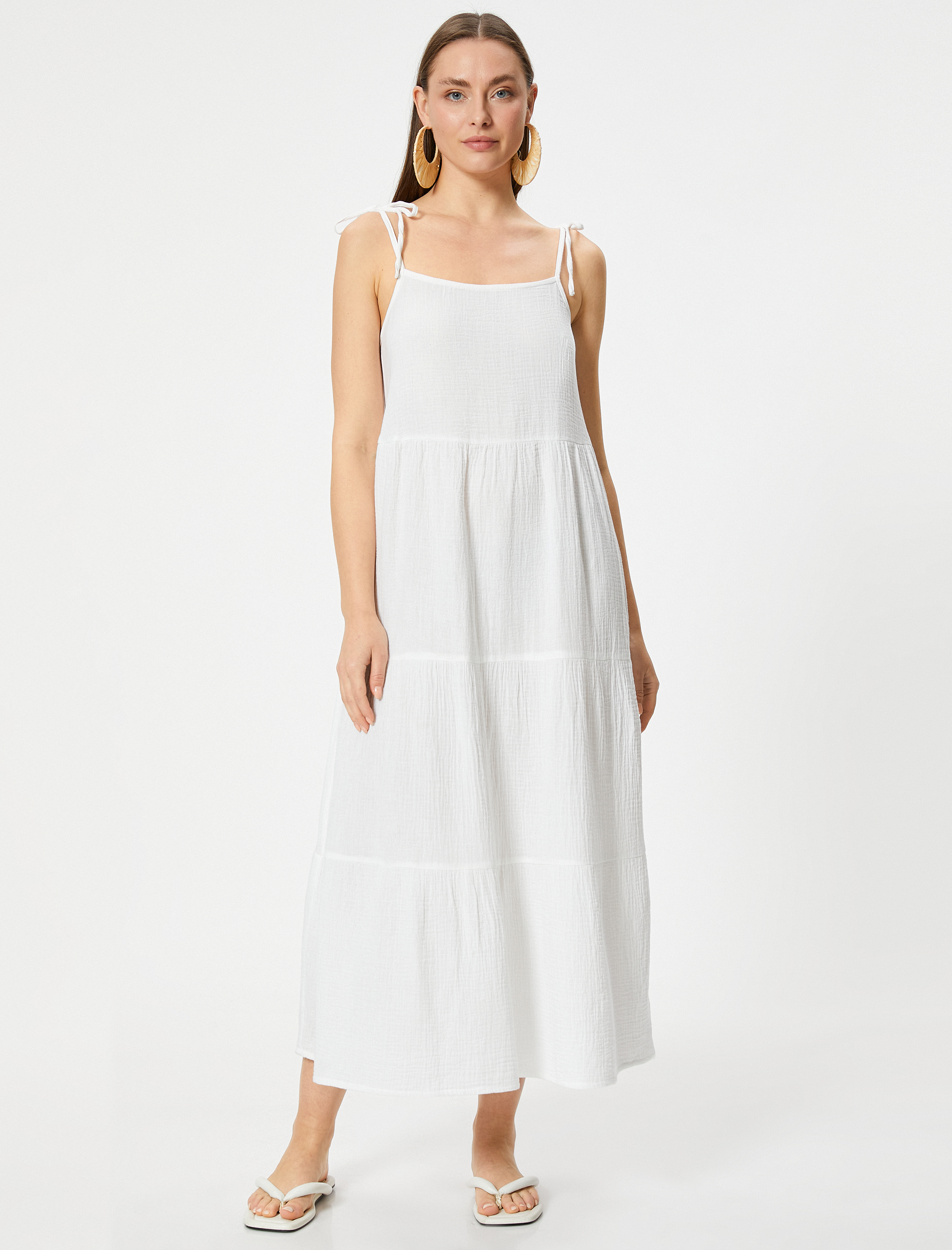 Uzun Plaj Elbisesi İp Askılı Bağlama Detaylı Pamuklu