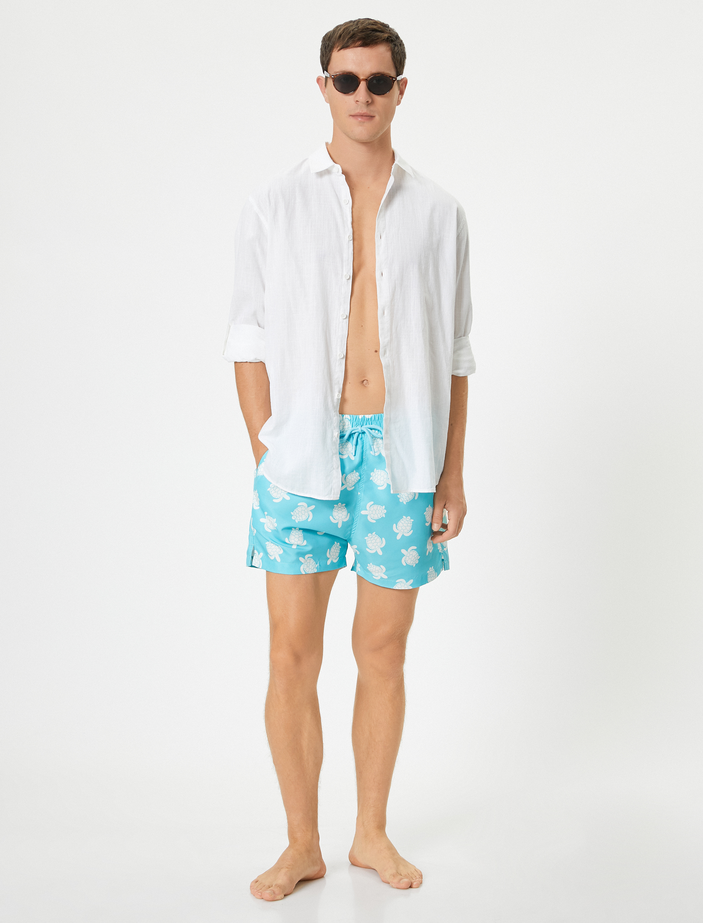   Deniz Şortu Kaplumbağa Baskılı Cepli Beli Bağcıklı