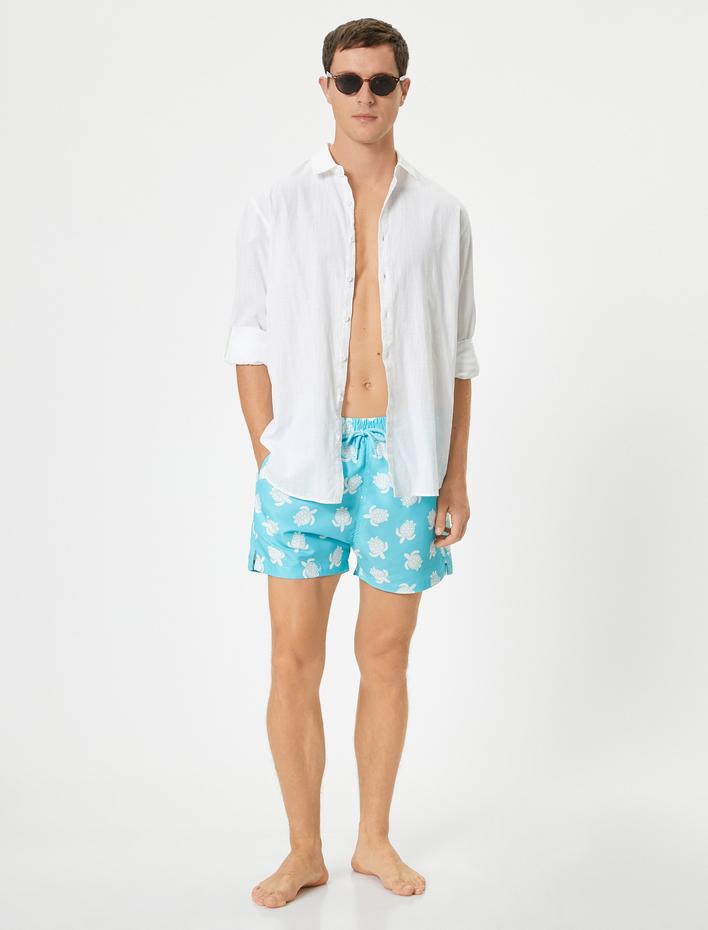  Deniz Şortu Kaplumbağa Baskılı Cepli Beli Bağcıklı