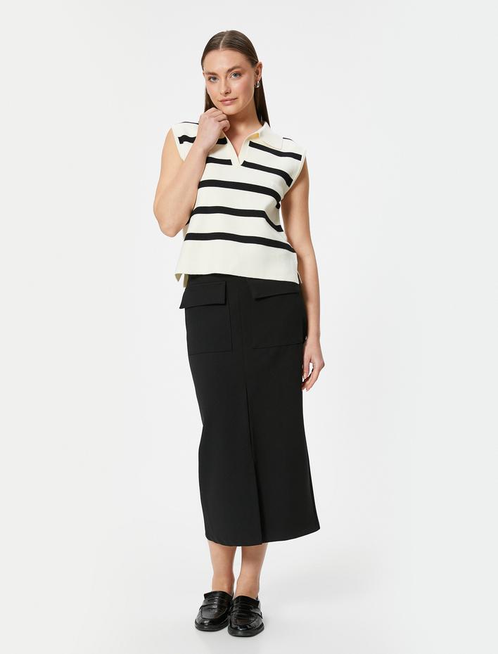  Polo Yaka Çizgili Kolsuz Triko Süveter