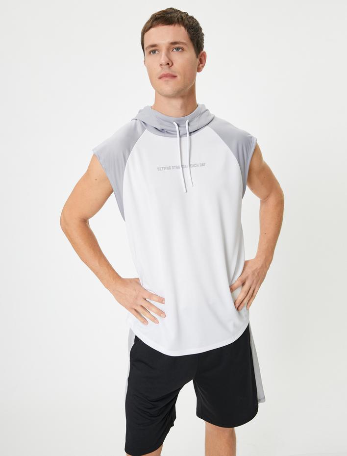  Kapşonlu Spor Tişört Kolsuz Slogan Baskılı