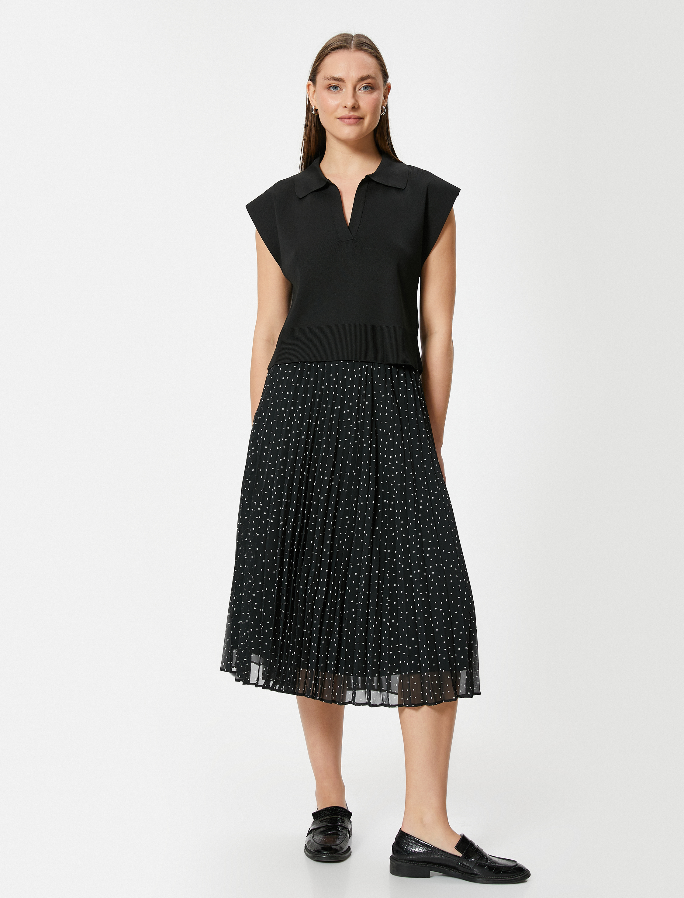   Yüksek Bel Tül Astarlı Pileli Puantiyeli Midi Etek