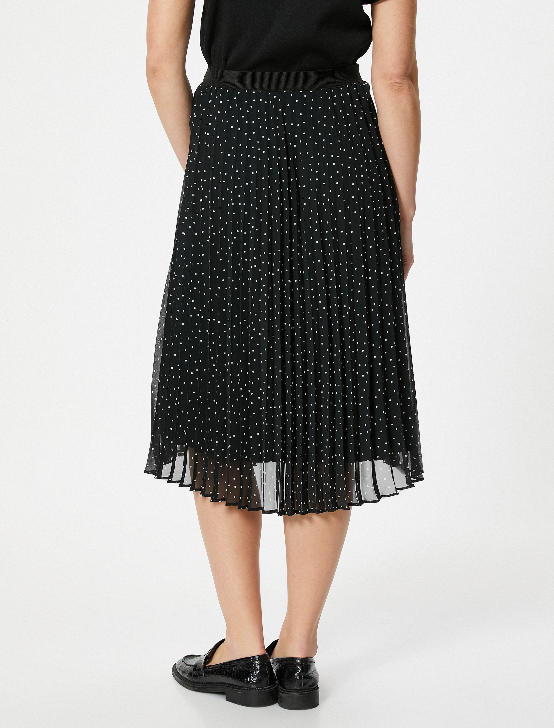   Yüksek Bel Tül Astarlı Pileli Puantiyeli Midi Etek