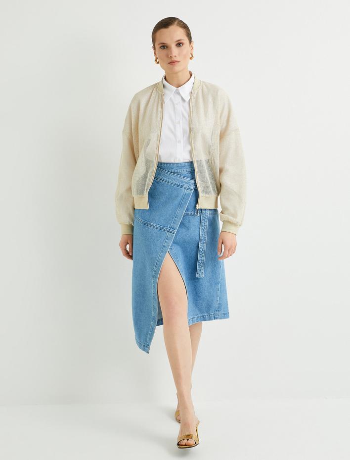  Bomber Ceket Sim Detaylı Dik Yaka Fermuarlı