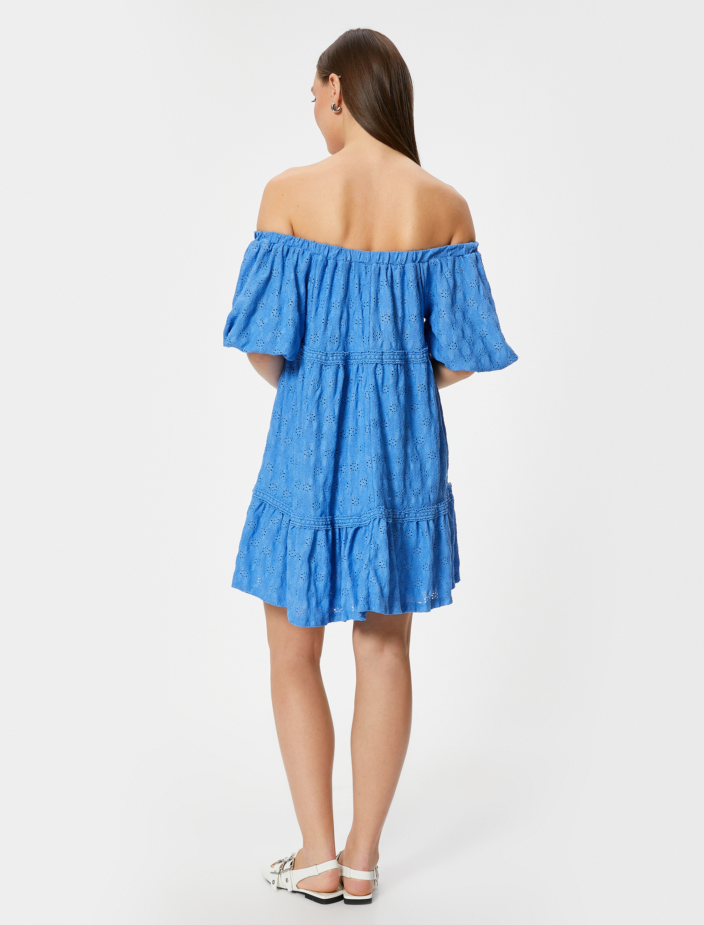   Omzu Açık Fisto Elbise Mini Boy Kısa Kollu Katlı Astarlı