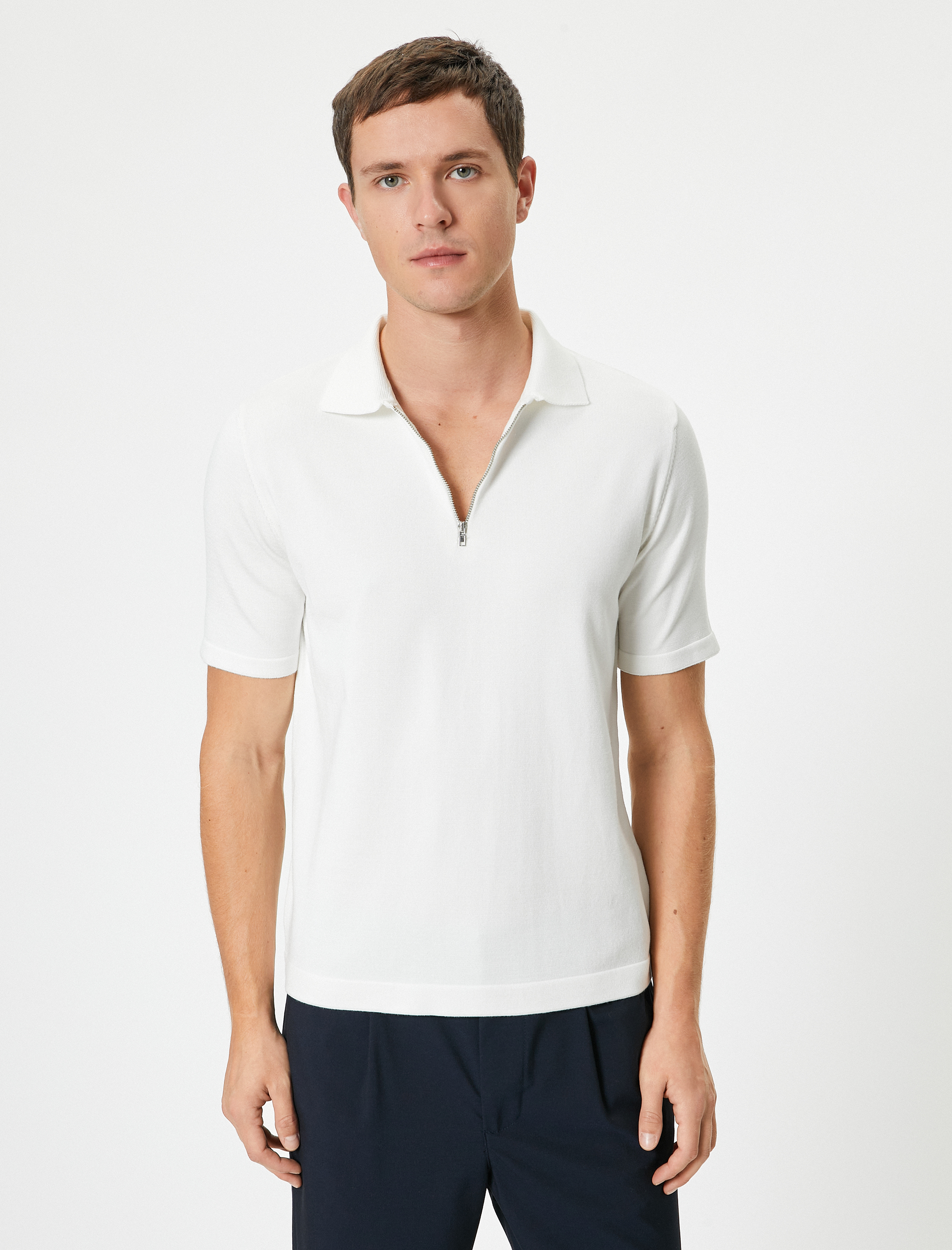   Polo Yaka Triko Tişört Yarım Fermuarlı Kısa Kollu