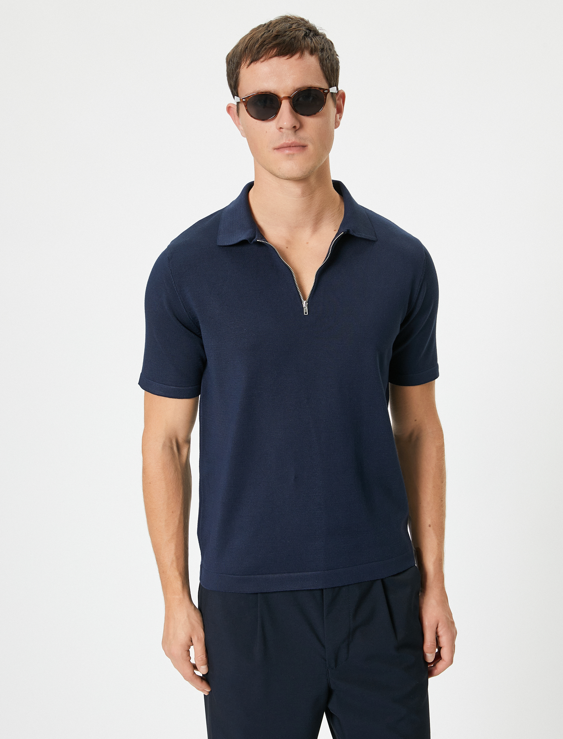   Polo Yaka Triko Tişört Yarım Fermuarlı Kısa Kollu