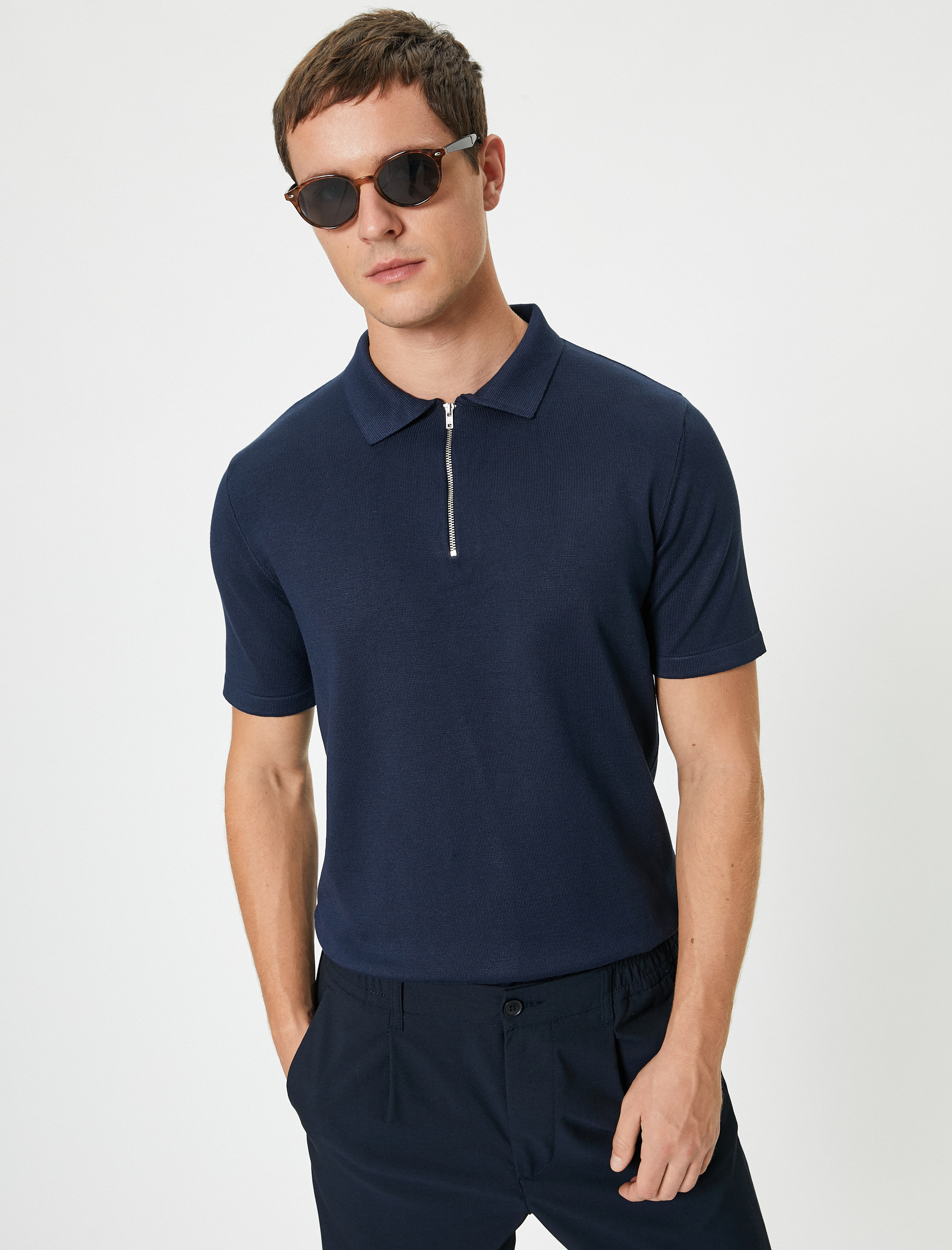   Polo Yaka Triko Tişört Yarım Fermuarlı Kısa Kollu