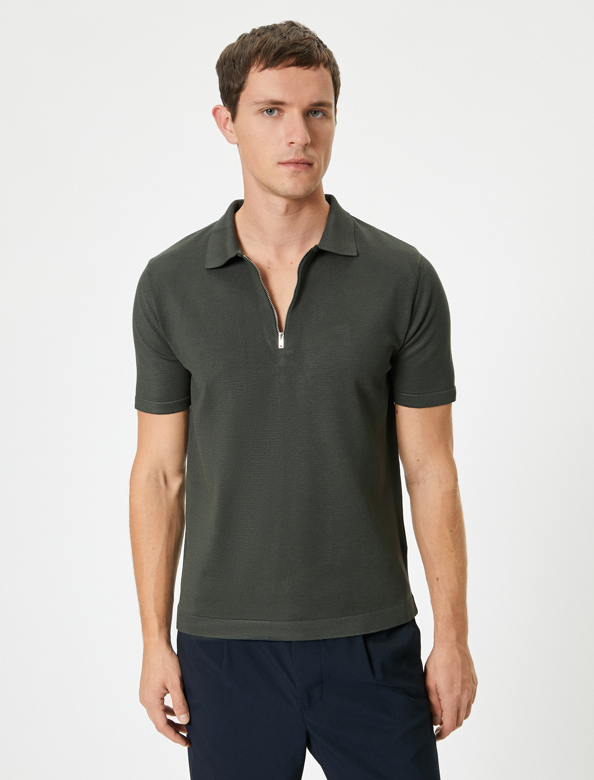   Polo Yaka Triko Tişört Yarım Fermuarlı Kısa Kollu