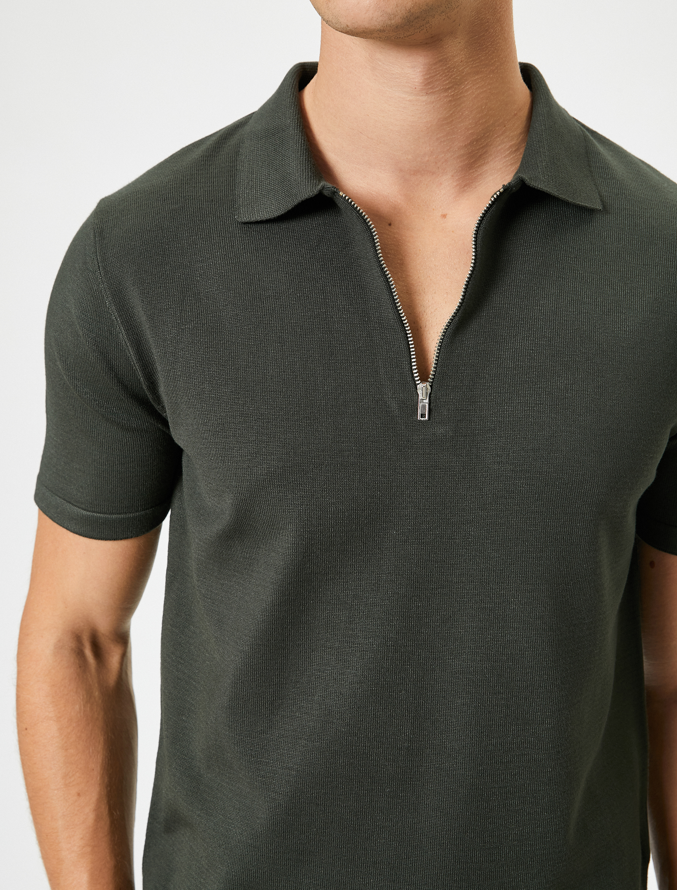   Polo Yaka Triko Tişört Yarım Fermuarlı Kısa Kollu