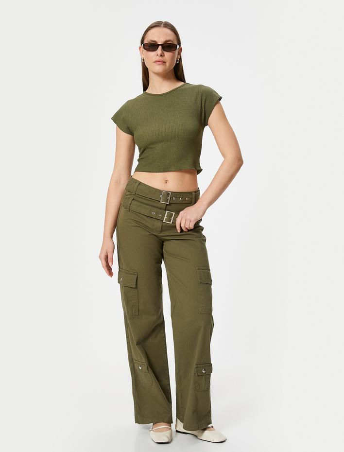  Crop Tişört Dokulu Kısa Kollu Bisiklet Yaka