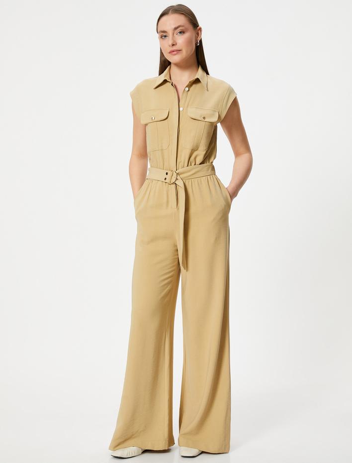  Tulum Kemer Detaylı Kolsuz Gömlek Yaka Bol Paça Viskon Kumaş Cepli