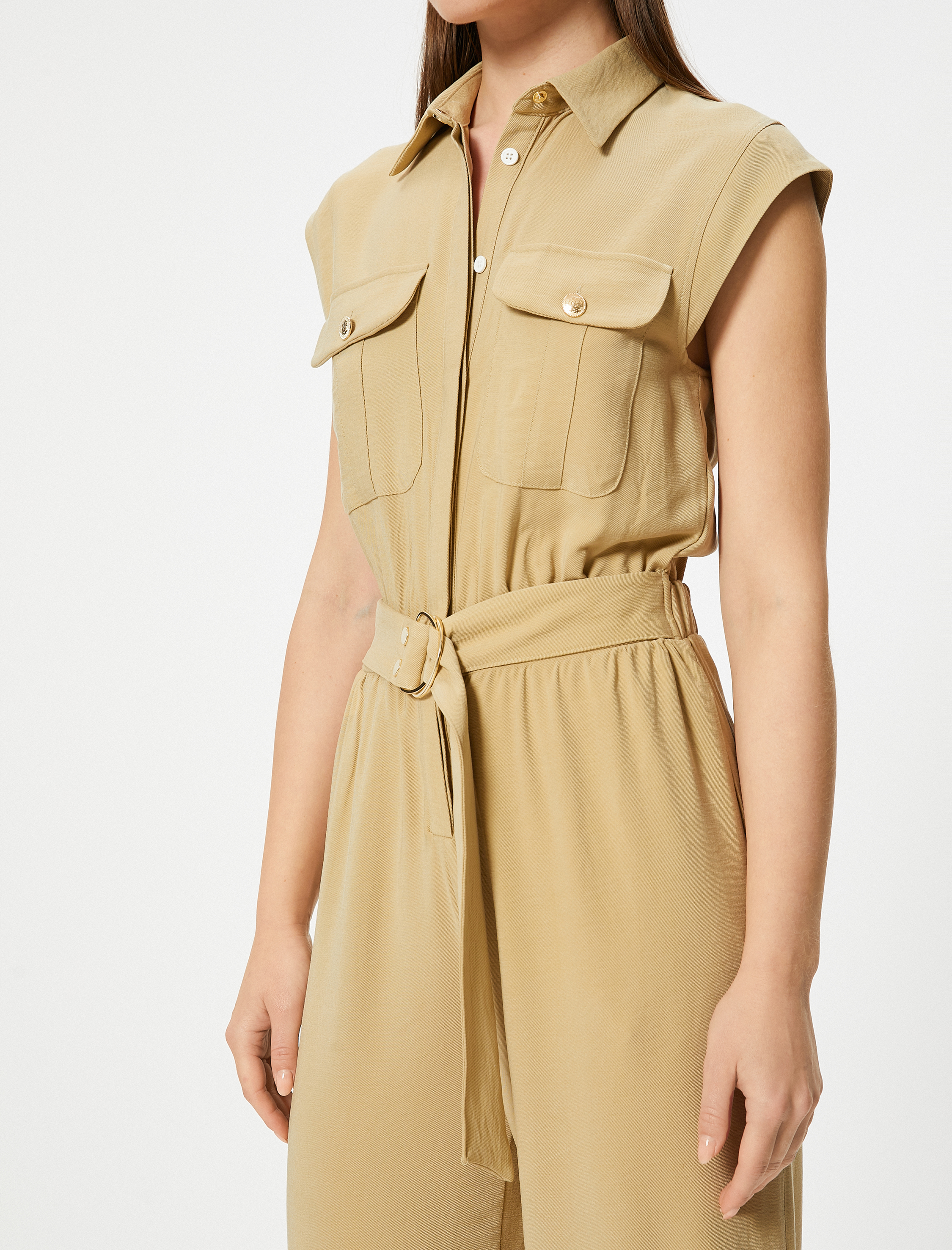   Tulum Kemer Detaylı Kolsuz Gömlek Yaka Bol Paça Viskon Kumaş Cepli