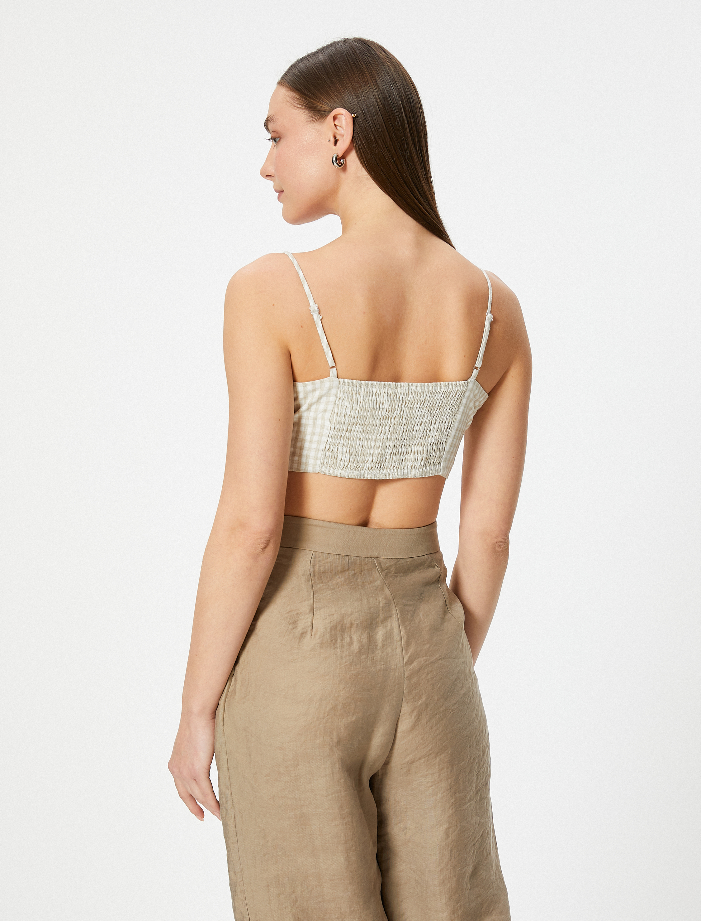   Keten Karışımlı İnce Askılı Crop Üst Pötikareli