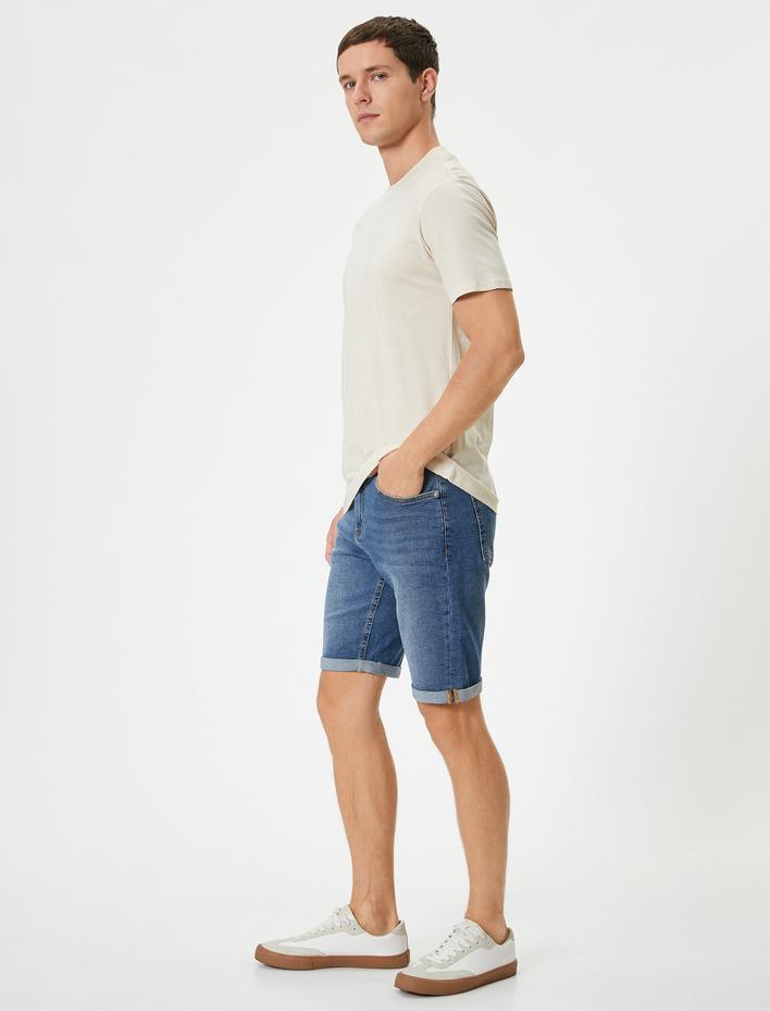  Bermuda Kot Şort Katlı Paça Detaylı Cepli Düğmeli