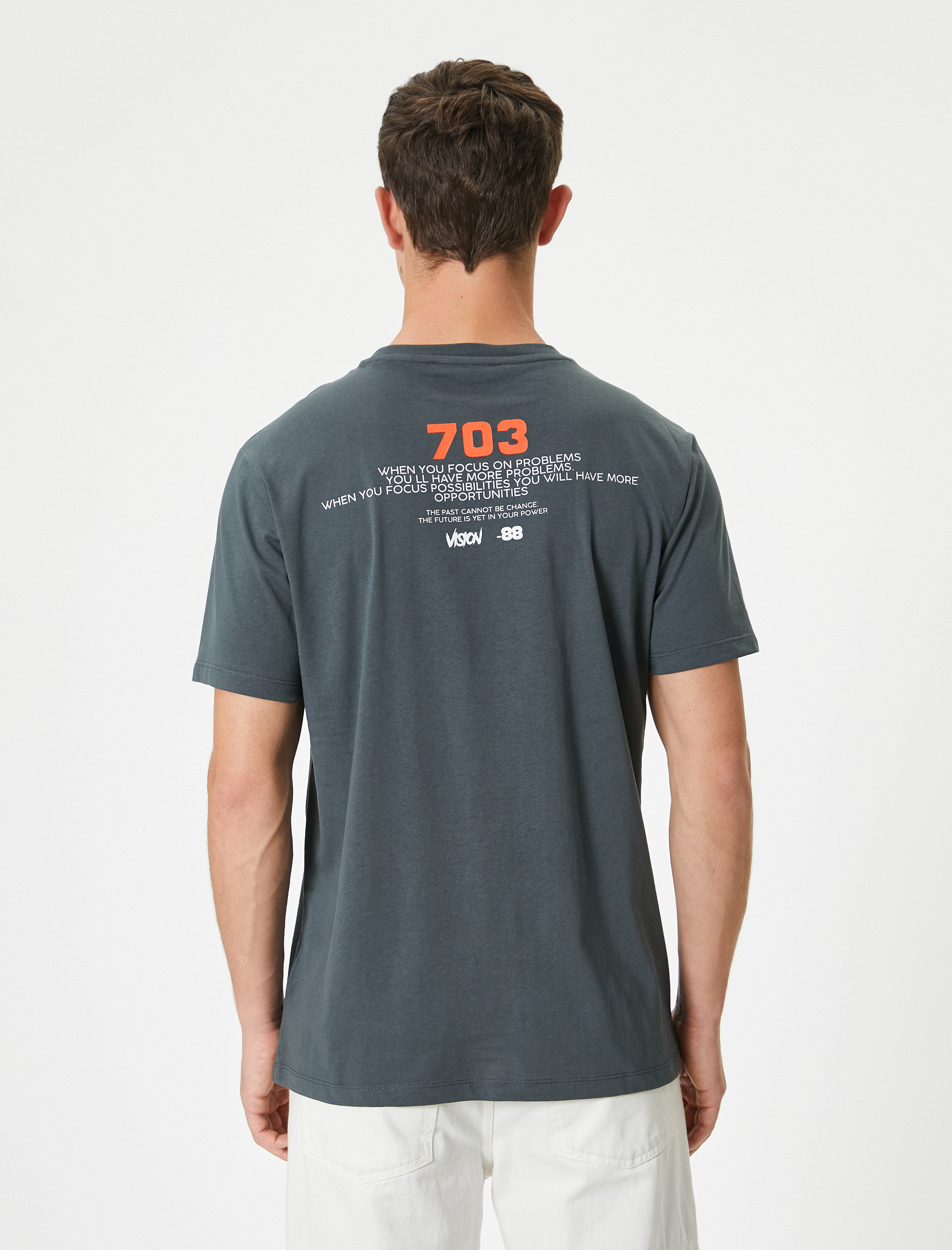   Slim Fit Tişört Slogan Baskılı Bisiklet Yaka Kısa Kollu Pamuklu