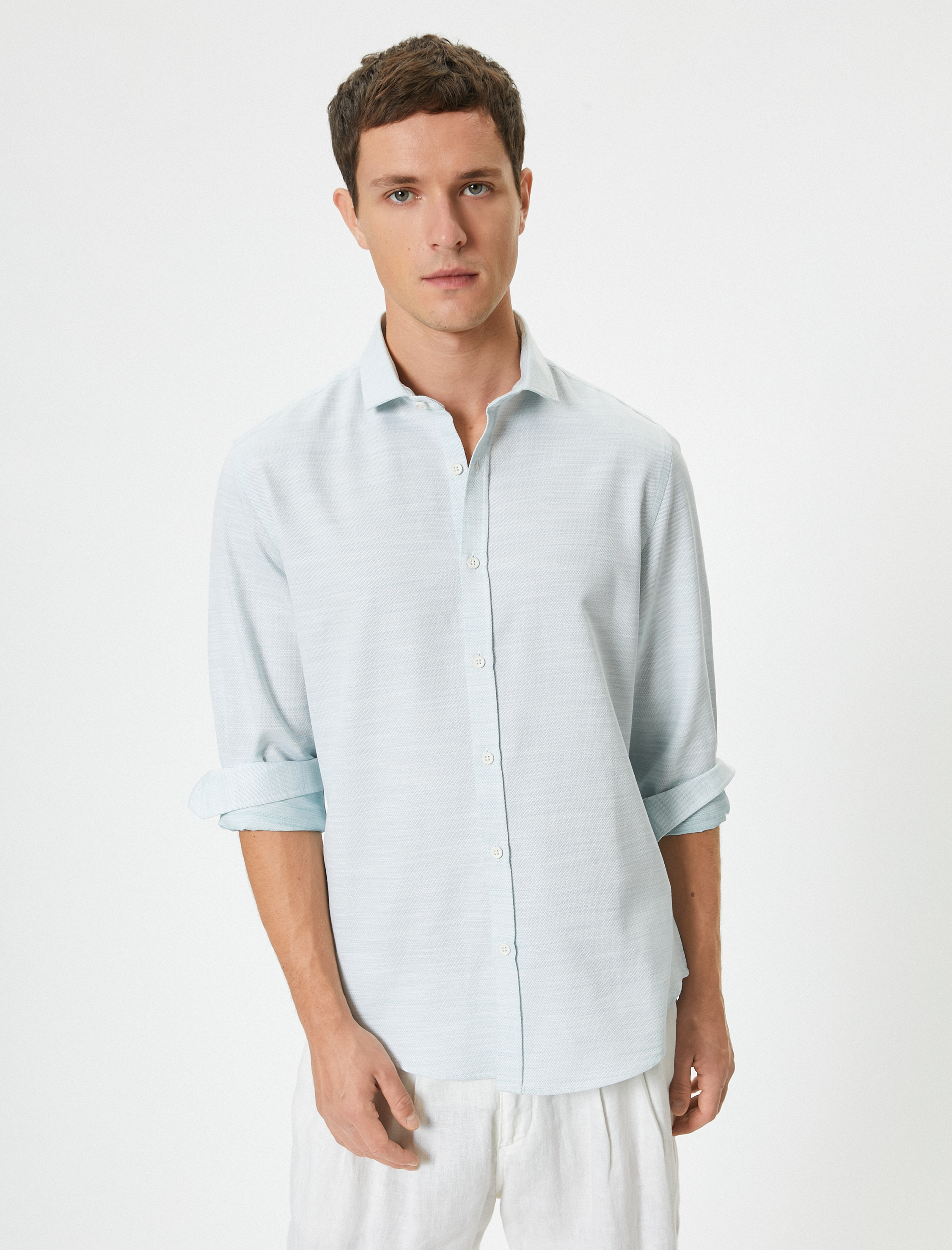   Klasik Yaka Düğmeli Pamuklu Uzun Kollu Slim Fit Gömlek