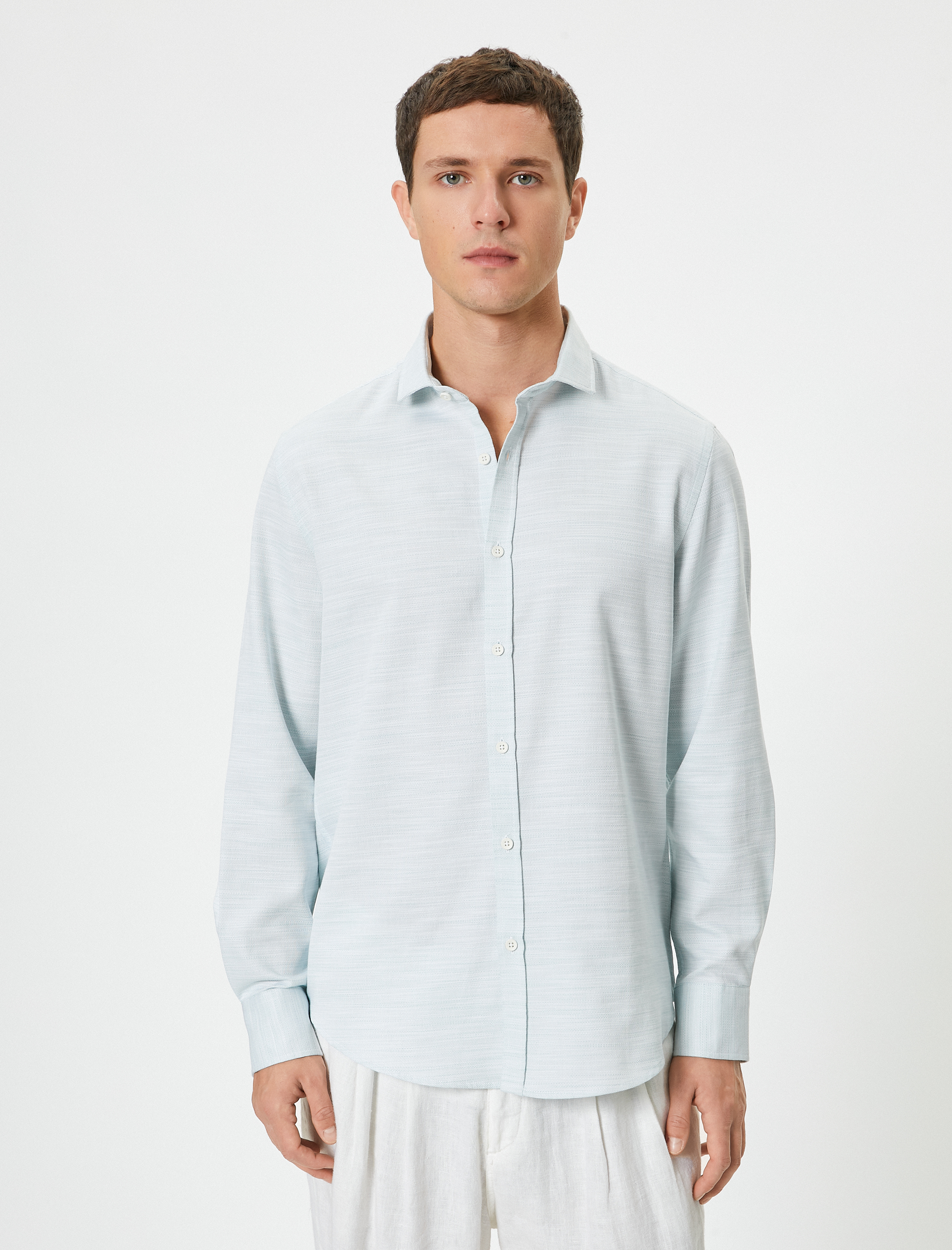   Klasik Yaka Düğmeli Pamuklu Uzun Kollu Slim Fit Gömlek