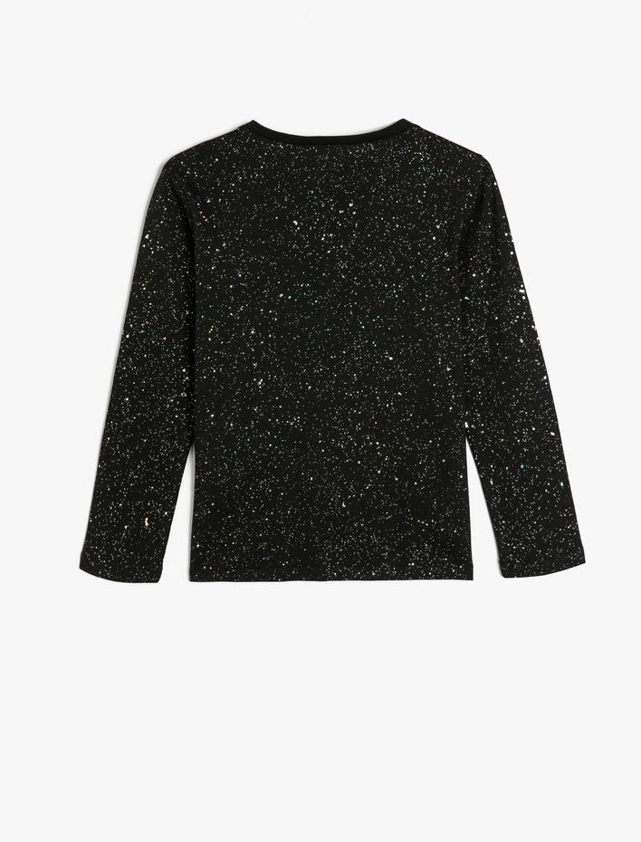 Kız Çocuk Tişört Uzun Kollu Sim Detaylı Bisiklet Yaka Pamuklu