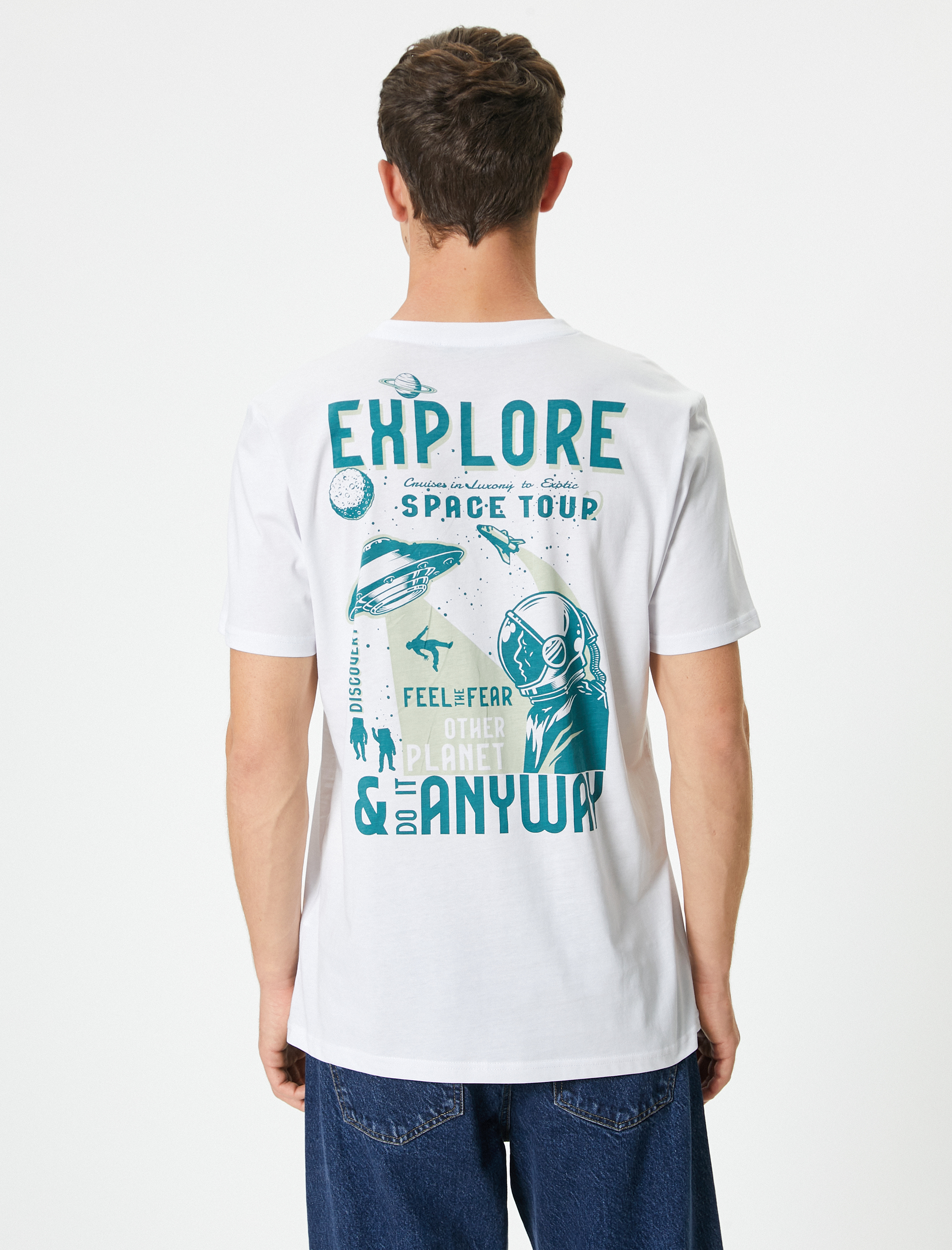   Arkası Baskılı Tişört Kısa Kollu Bisiklet Yaka Pamuklu