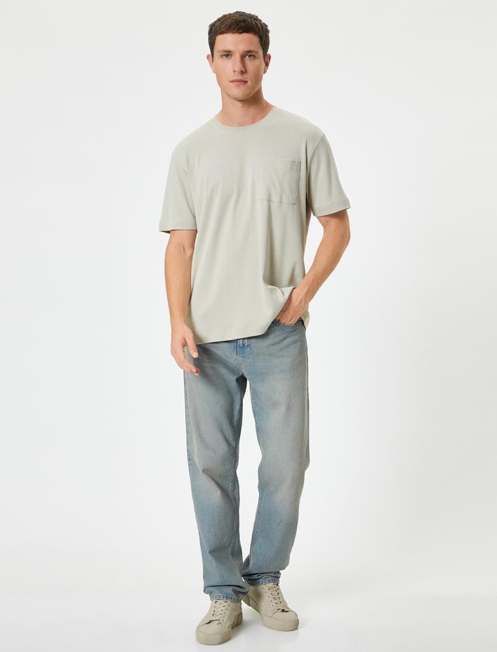  Cep Detaylı Kısa Kollu Bisiklet Yaka Regular Fit Pamuklu Basic Tişört