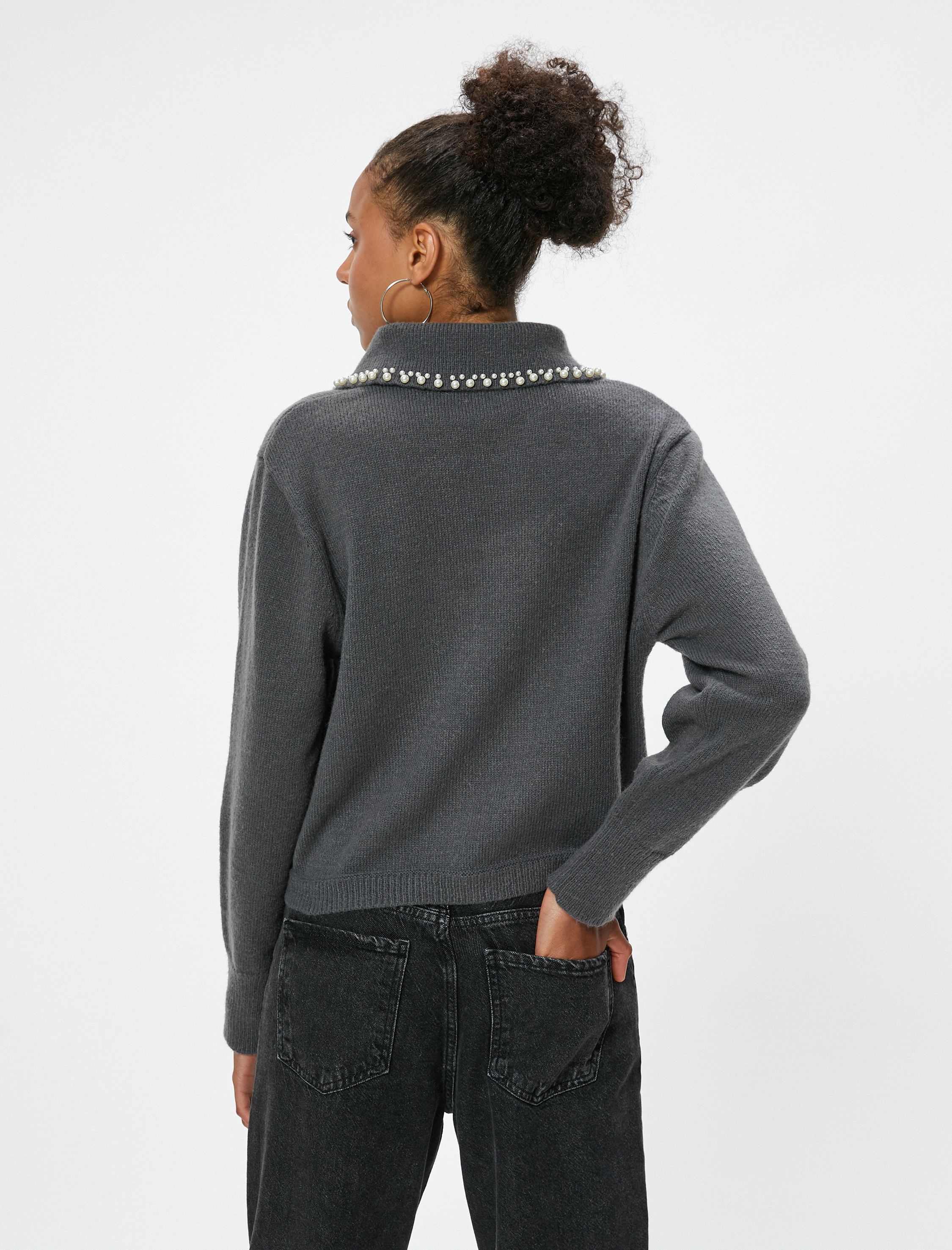   Gömlek Yaka Triko Kazak İnci Detaylı Uzun Kollu