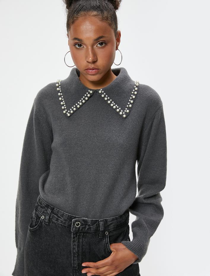  Gömlek Yaka Triko Kazak İnci Detaylı Uzun Kollu