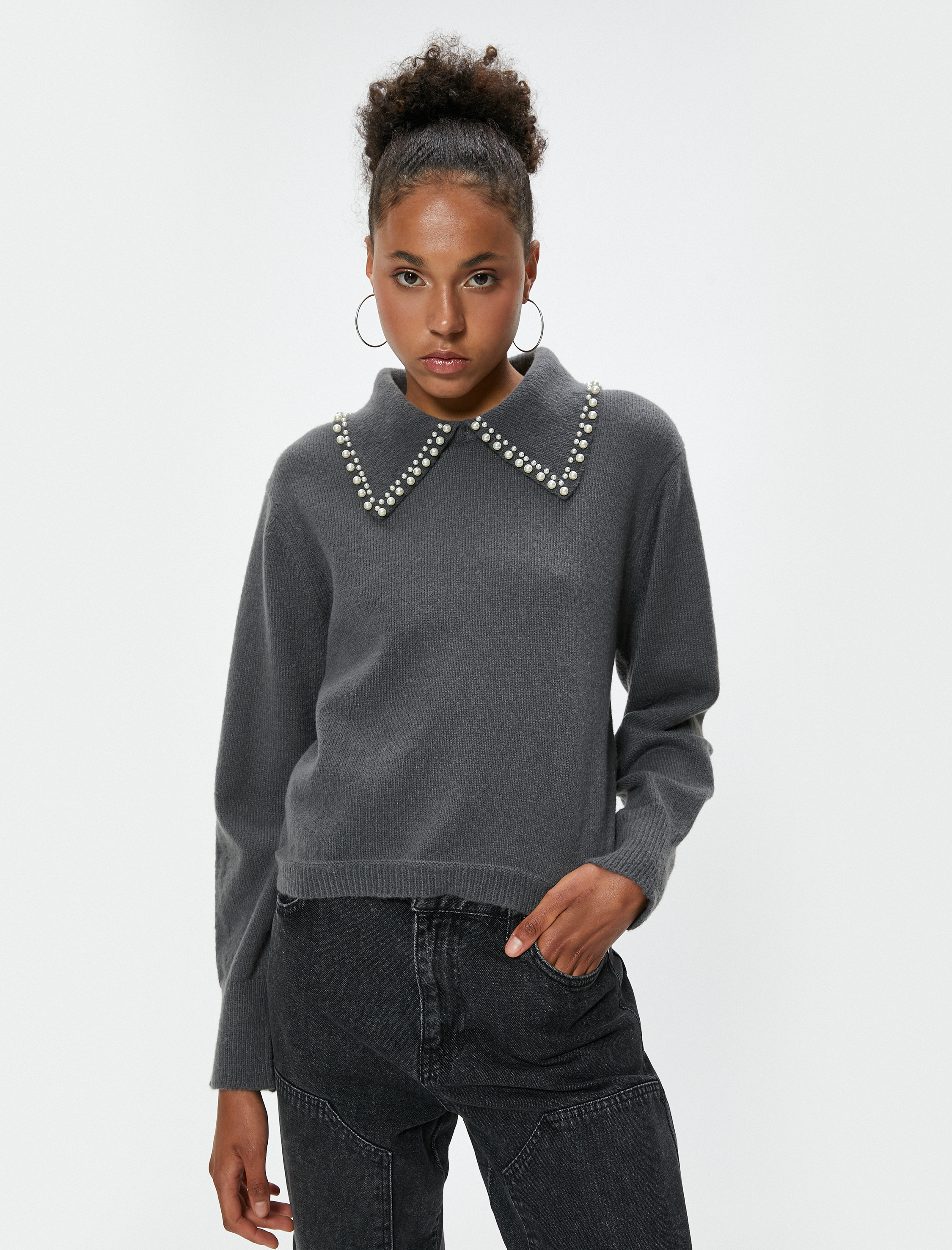   Gömlek Yaka Triko Kazak İnci Detaylı Uzun Kollu