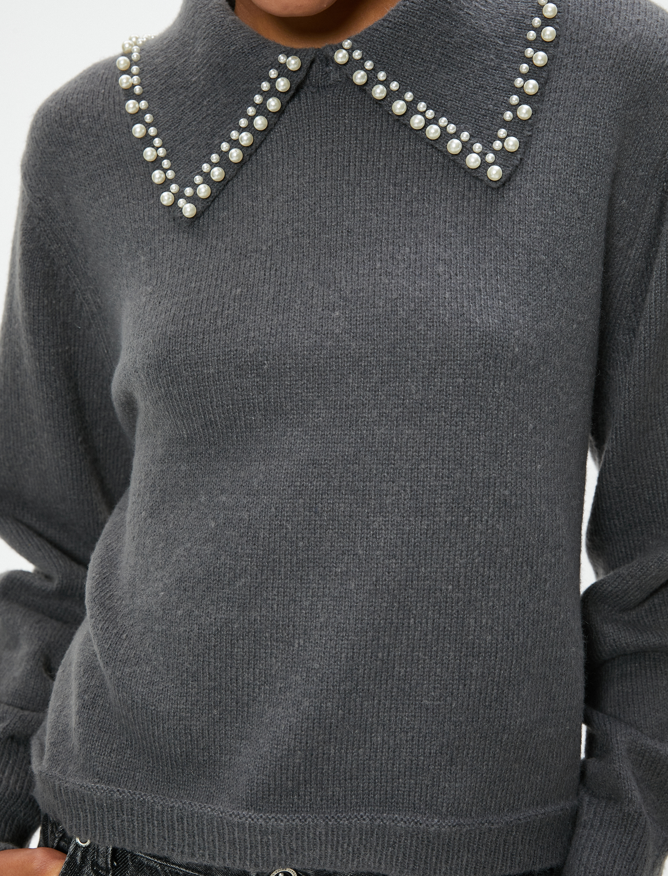   Gömlek Yaka Triko Kazak İnci Detaylı Uzun Kollu