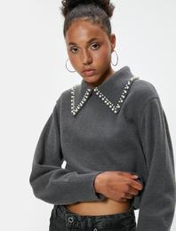 Gömlek Yaka Triko Kazak İnci Detaylı Uzun Kollu