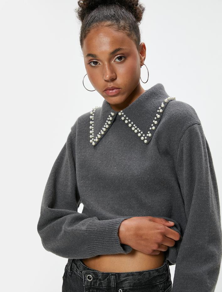  Gömlek Yaka Triko Kazak İnci Detaylı Uzun Kollu