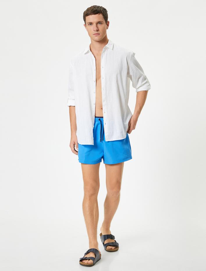  Kısa Deniz Şortu File Astarlı Beli Bağlamalı Cepli Rahat Kalıp