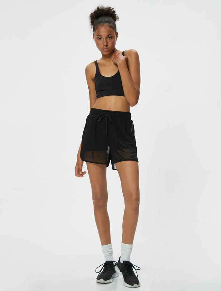  Tül Detaylı Yüksek Bel Beli Bağcıklı Spor Şort