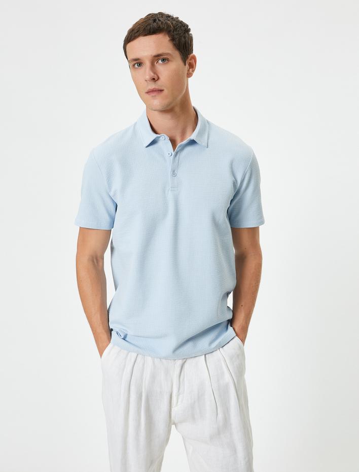  Polo Yaka Tişört Jakarlı Dokulu Düğmeli Kısa Kollu