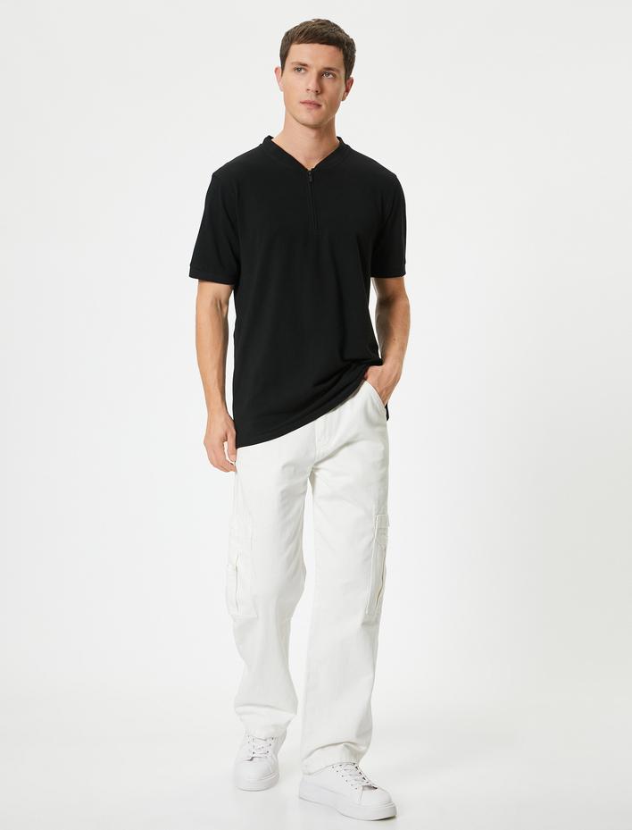  Hakim Yaka Tişört Yarım Fermuarlı Slim Fit Kısa Kollu