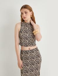 Leopar Desenli Crop Üst Kolsuz