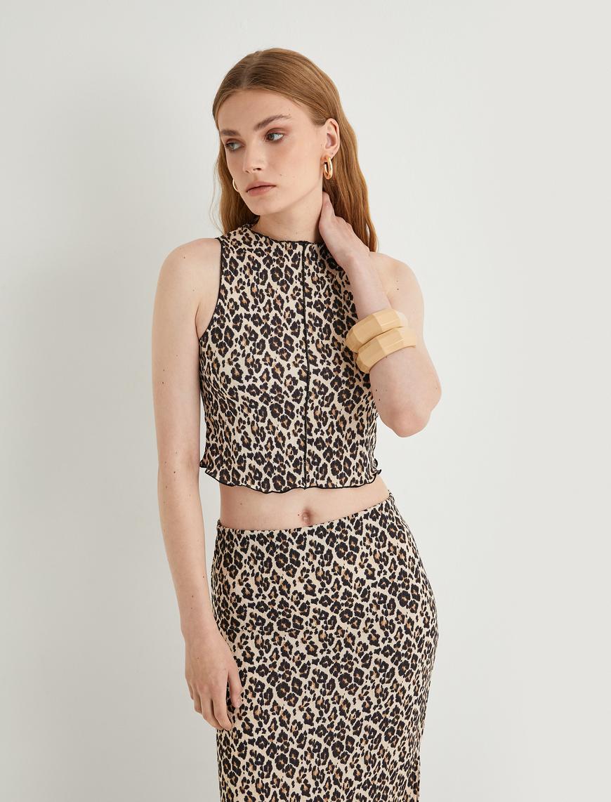   Leopar Desenli Crop Üst Kolsuz