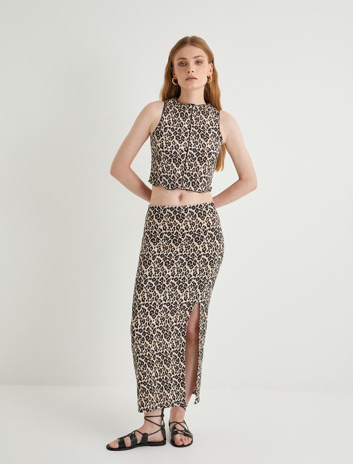  Leopar Desenli Etek Yırtmaç Detaylı Midi Boy Standart Bel