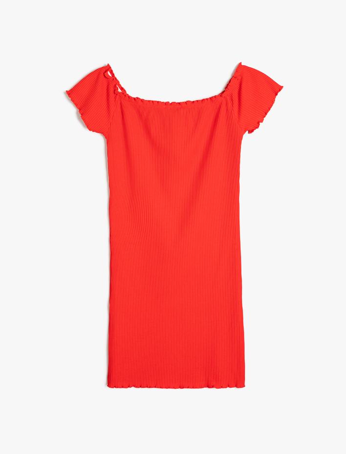 Kız Çocuk Elbise Kısa Kollu Kare Yaka Ribanalı Pamuklu