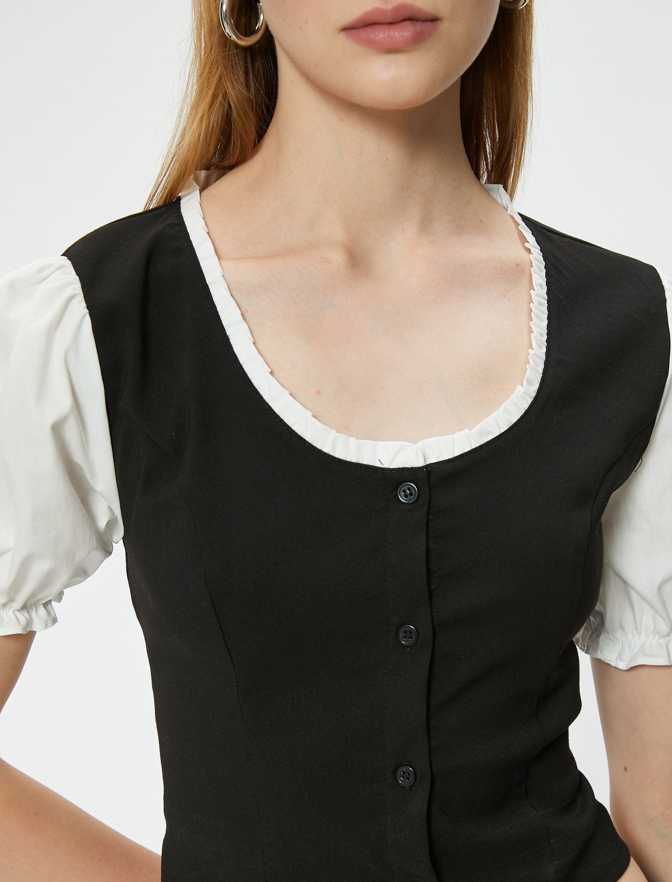   Balon Kol Bluz Renk Bloklu Düğmeli Slim Fit