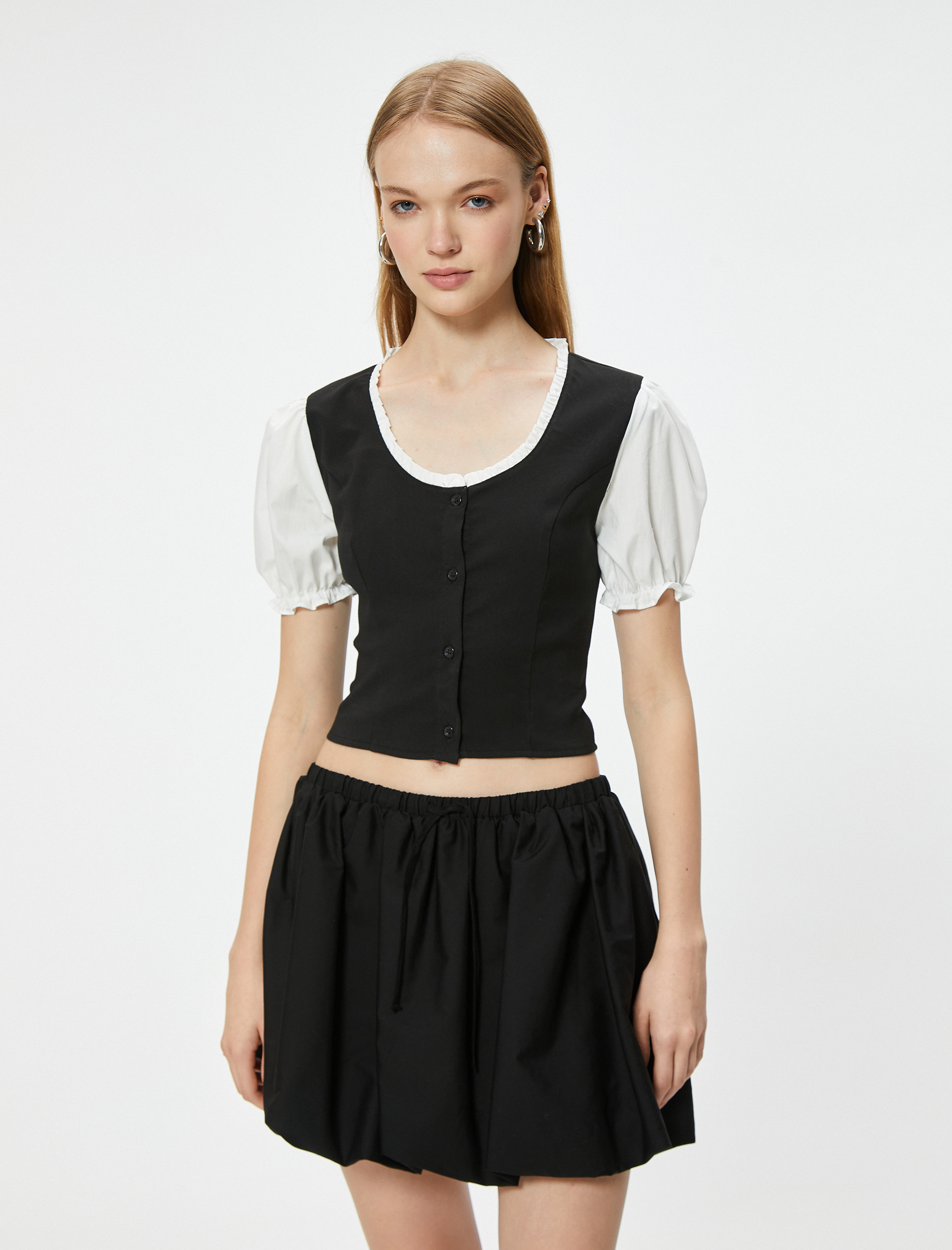   Balon Kol Bluz Renk Bloklu Düğmeli Slim Fit