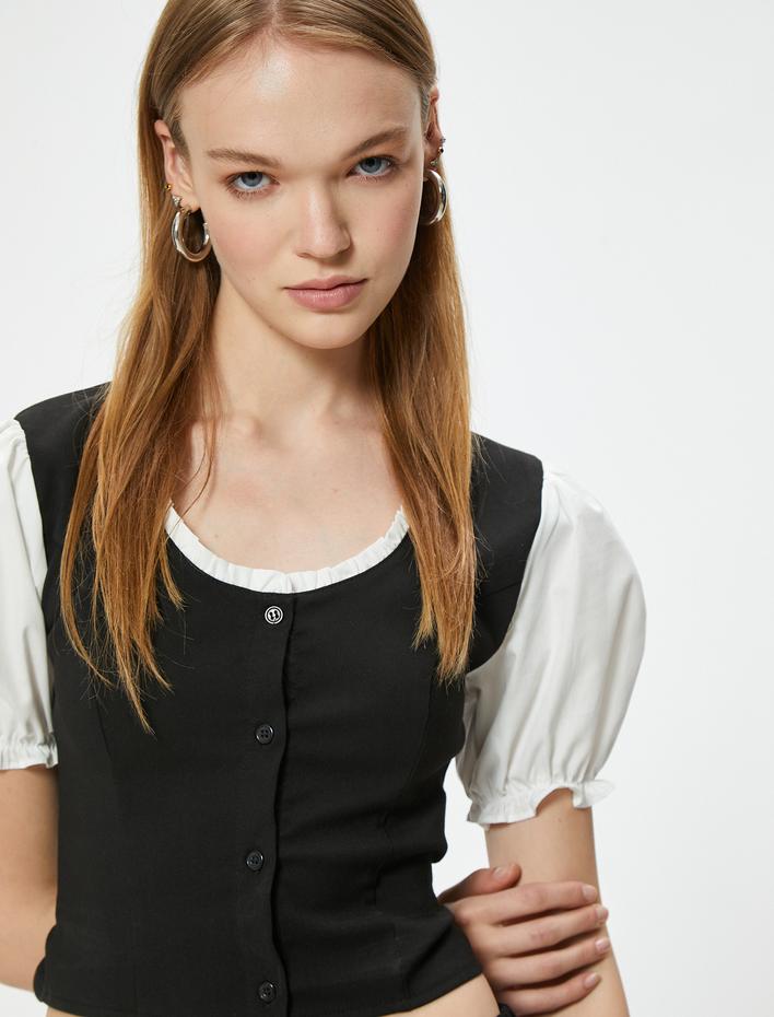  Balon Kol Bluz Renk Bloklu Düğmeli Slim Fit