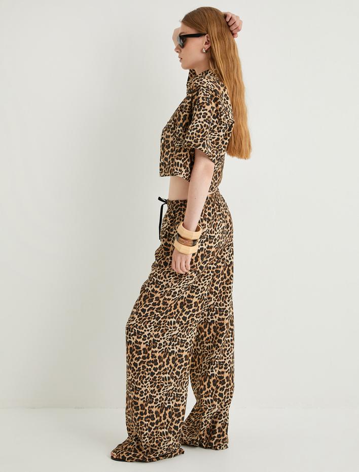  Leopar Desenli Pantolon Bol Paça Rahat Kalıp Cepli