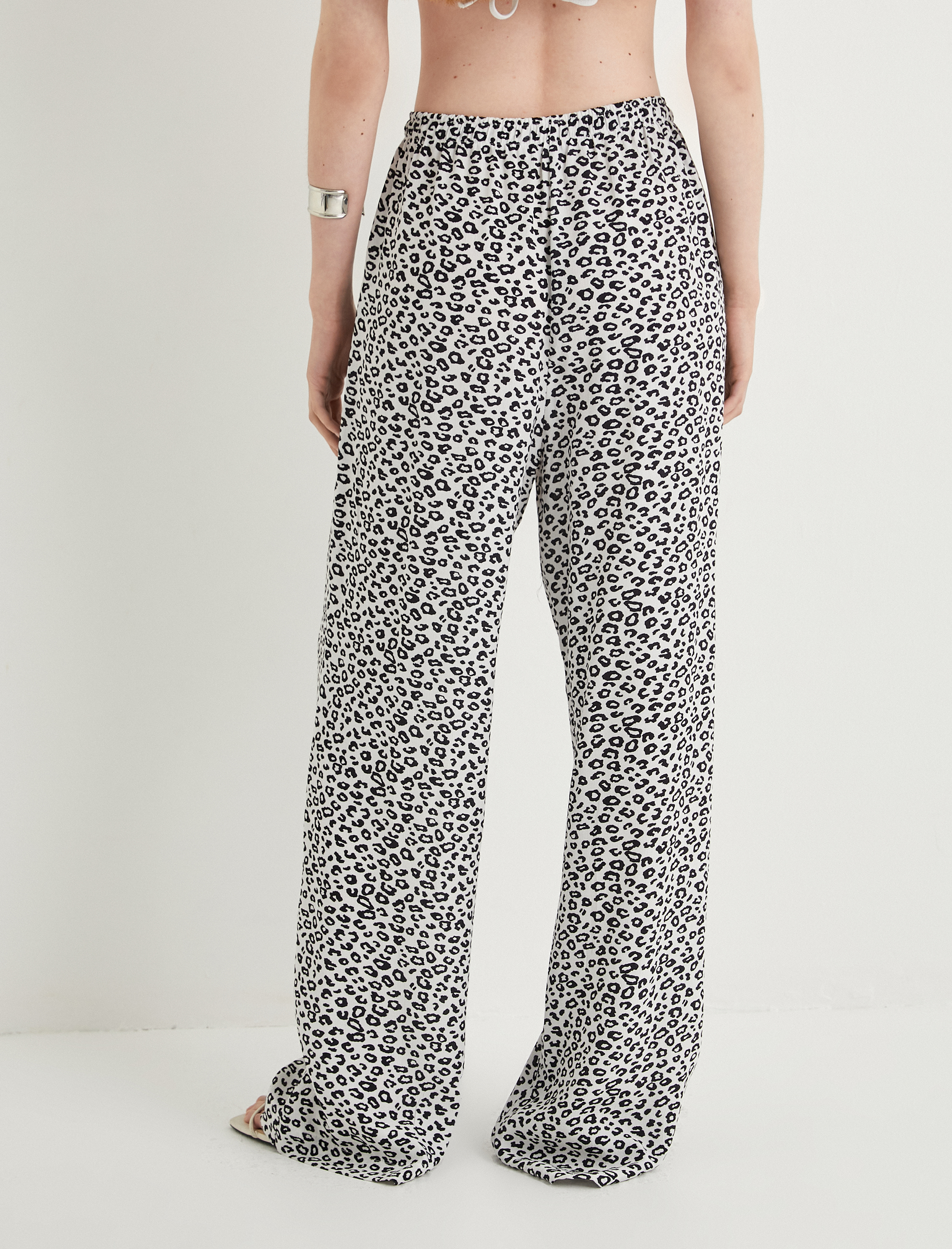   Leopar Desenli Pantolon Beli Bağcıklı Viskon Kumaş