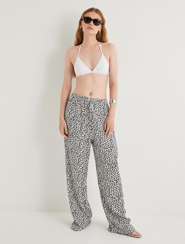  Leopar Desenli Pantolon Beli Bağcıklı Viskon Kumaş