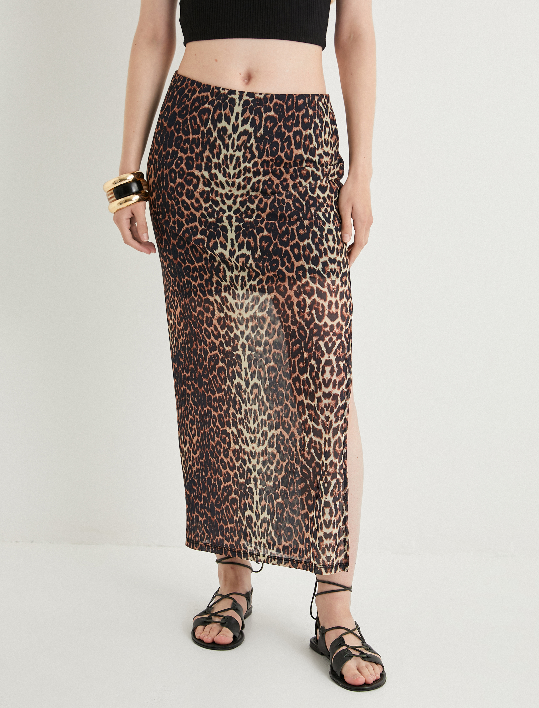   Leopar Desenli Uzun Etek Tül Astarlı